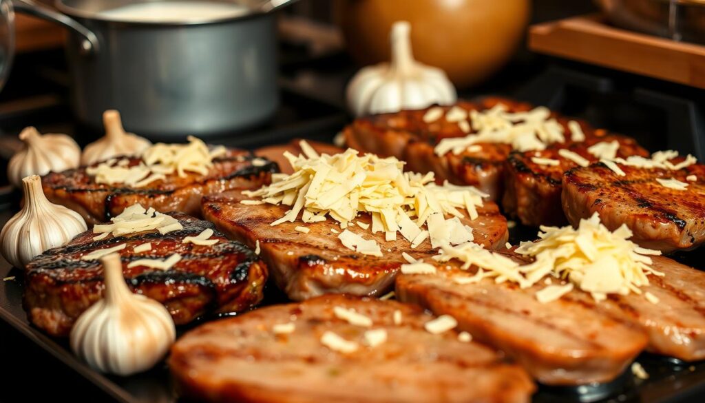 Key ingredients for steak bites including filet ribeye sirloin garlic heavy cream and parmesan cheese.