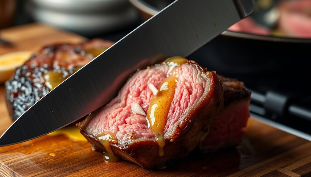 cutting steak for garlic butter steak bites