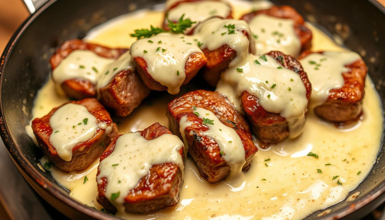 garlic butter steak bites with parmesan cream sauce