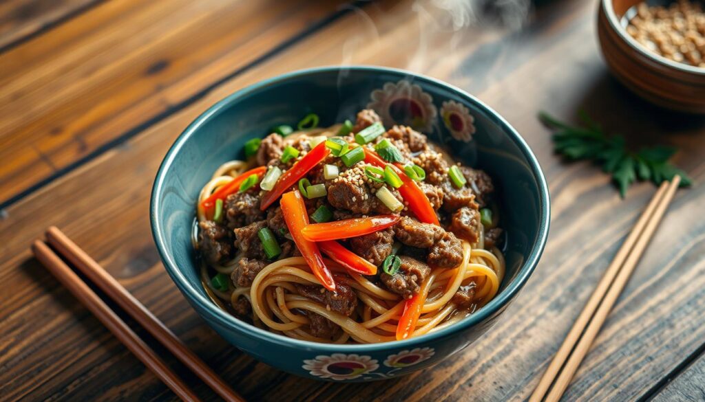 Mongolian ground beef noodle features