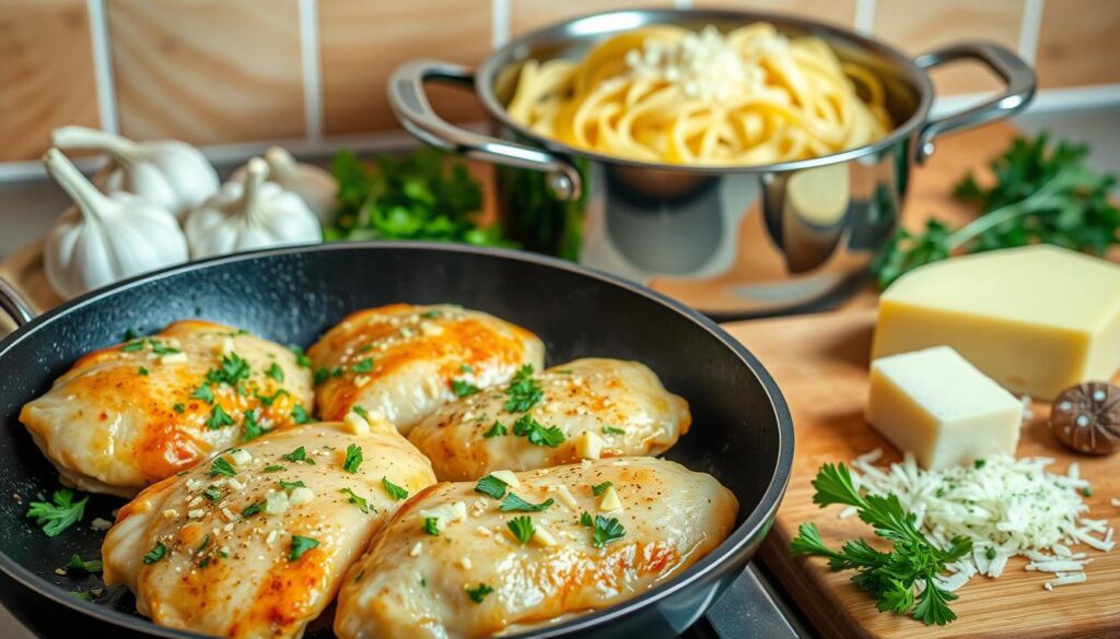 how to make garlic parmesan chicken and pasta