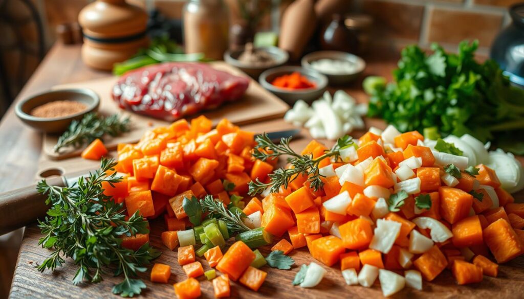 preparing ingredients for traditional beef stew recipe