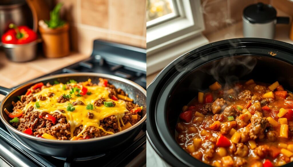 stovetop vs. crockpot Philly cheesesteak sloppy joes