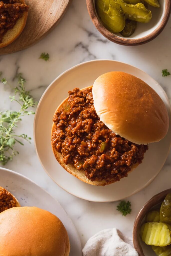Best homemade sloppy joes made in slow cooker with tender ground beef in sweet tangy sauce on hamburger buns