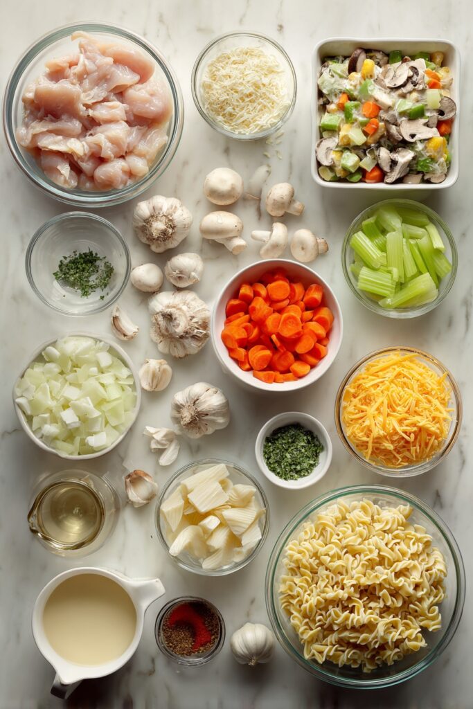 All ingredients for chicken casserole recipe laid out including chicken, vegetables, cheese, and seasonings