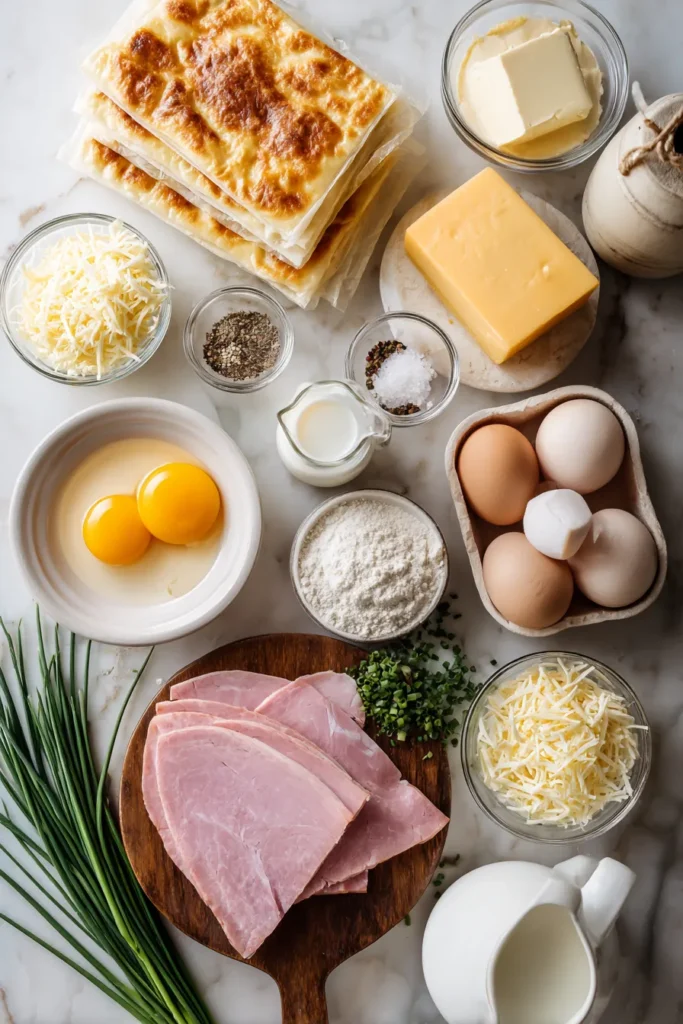 Overhead view of puff pastry croque madame ingredients with ham, Gruyere cheese, eggs, butter, and bechamel sauce components