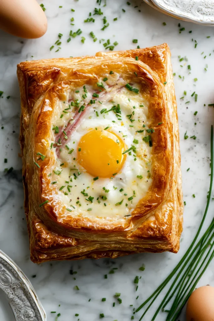 French puff pastry croque madame with ham and Gruyere cheese featuring flowing runny egg yolk and bechamel sauce