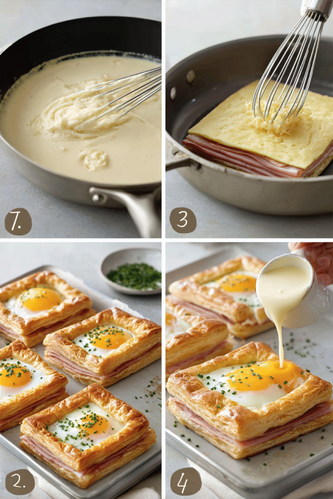 Step by step process showing how to make puff pastry croque madame with bechamel sauce, ham filling, and baked eggs