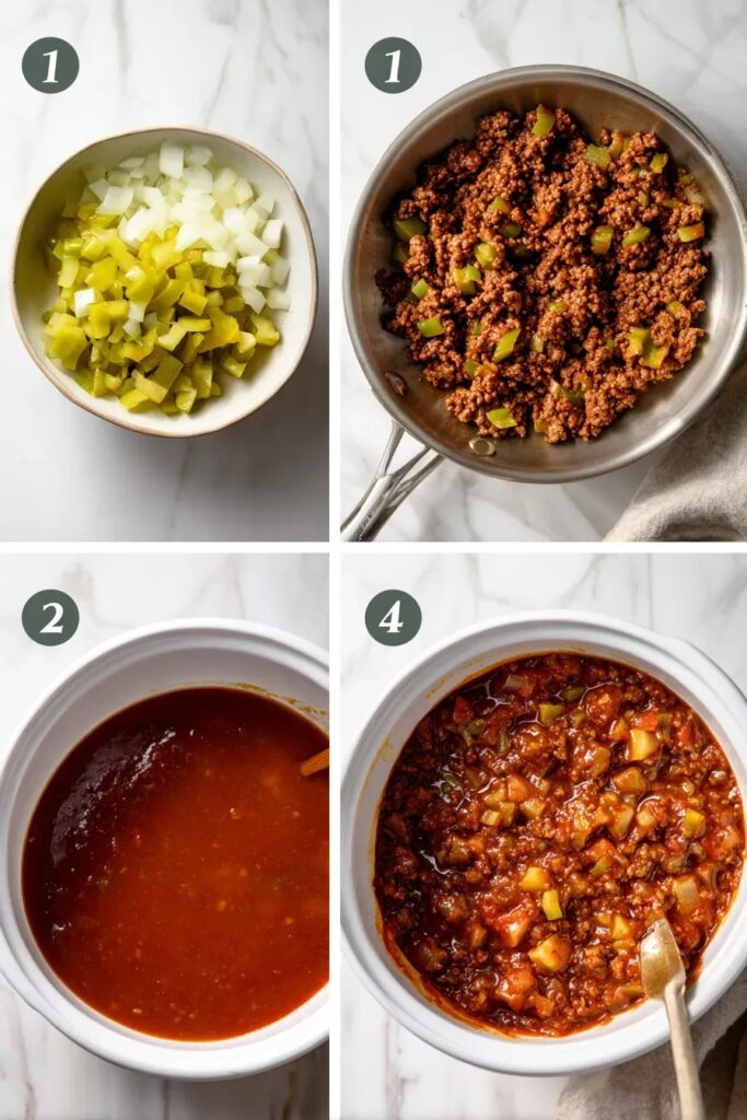 Four step cooking process for slow cooker sloppy joes showing diced vegetables, meat mixture, sauce, and final result in grid layout