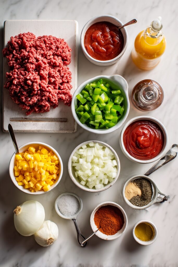 All ingredients for slow cooker sloppy joes laid out including ground beef, diced onions, bell peppers, ketchup, and spices on marble counter