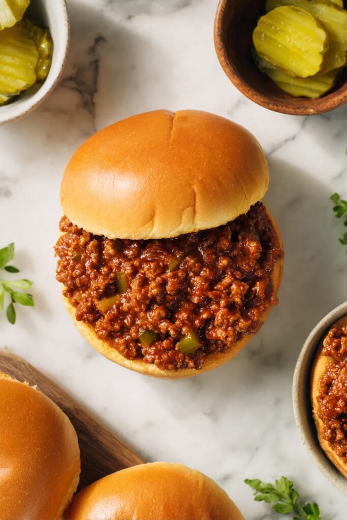 Homemade slow cooker sloppy joes served on hamburger buns photographed from overhead on white marble countertop with pickles