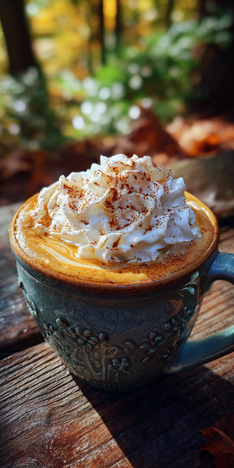 A warm Campfire Pumpkin Spice Latte in a mug by a cozy fire