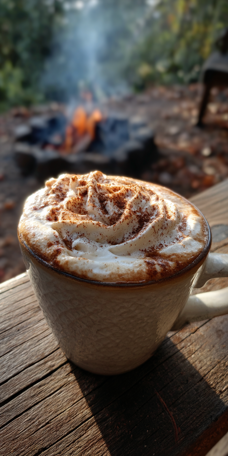 A warm Campfire Pumpkin Spice Latte in a mug by a cozy fire