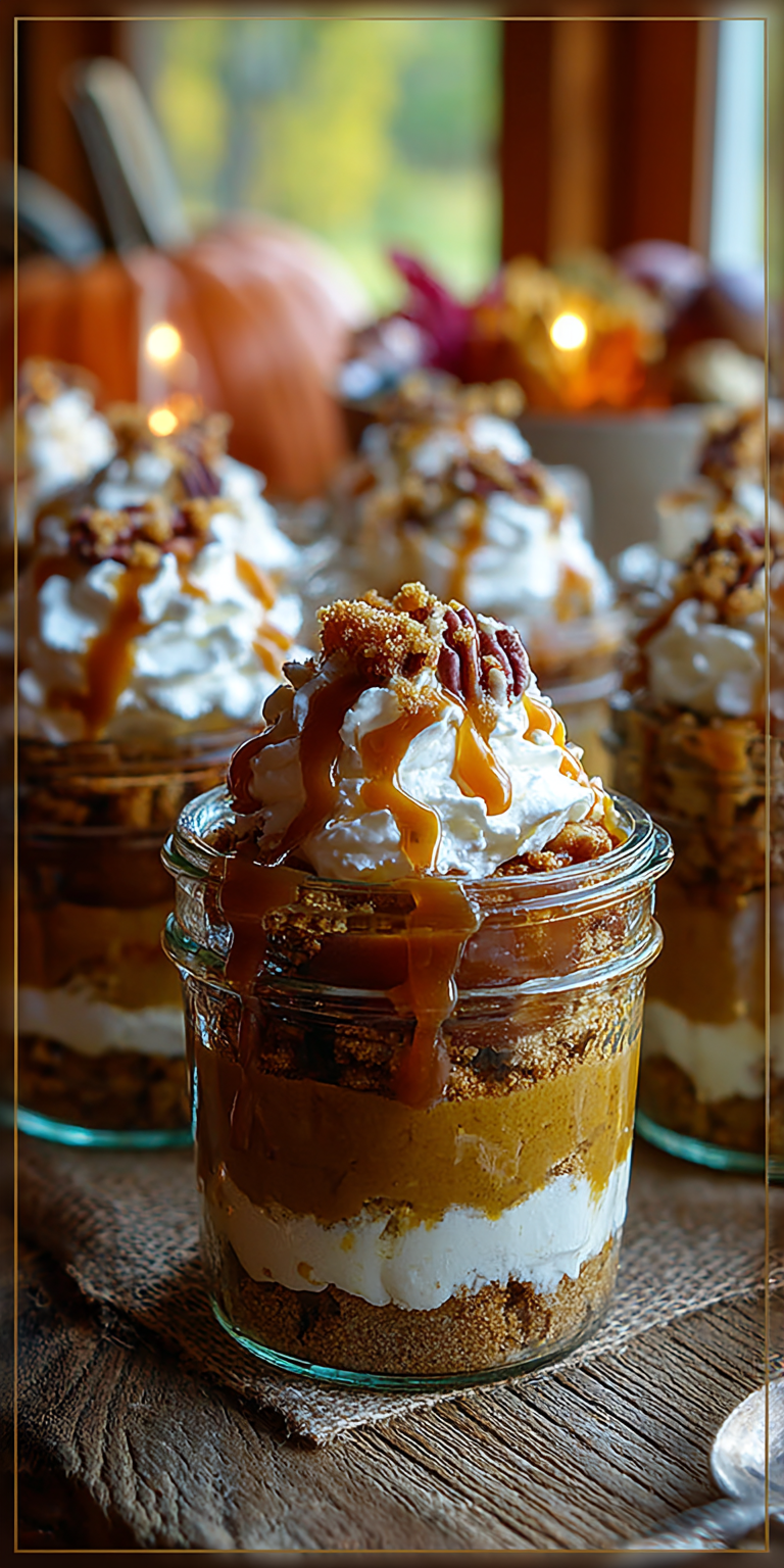 Caramel Apple Pumpkin Pie Parfaits served warm with cozy spices
