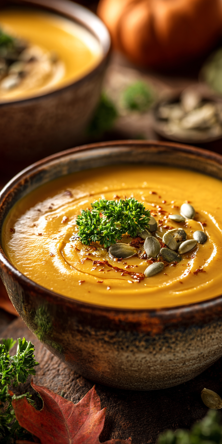 Fresh components for Caramelized Pumpkin & Pear Bisque with vibrant pumpkin and pear