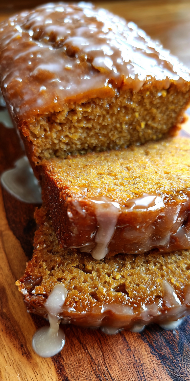 A slice of Chai-Glazed Pumpkin Loaf with a sweet glaze on a plate