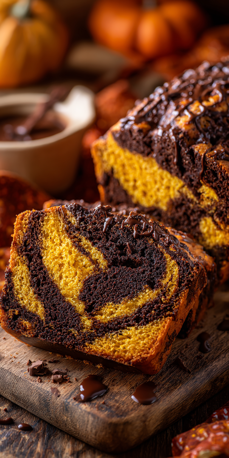 A slice of Chocolate Marble Pumpkin Spice Bread with swirls of chocolate and pumpkin