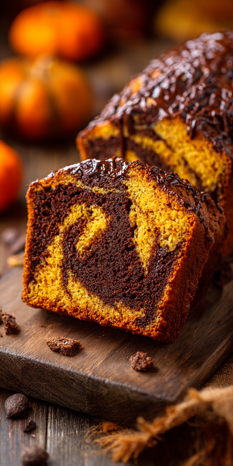 A slice of Chocolate Marble Pumpkin Spice Bread on a plate, showcasing its marbled design