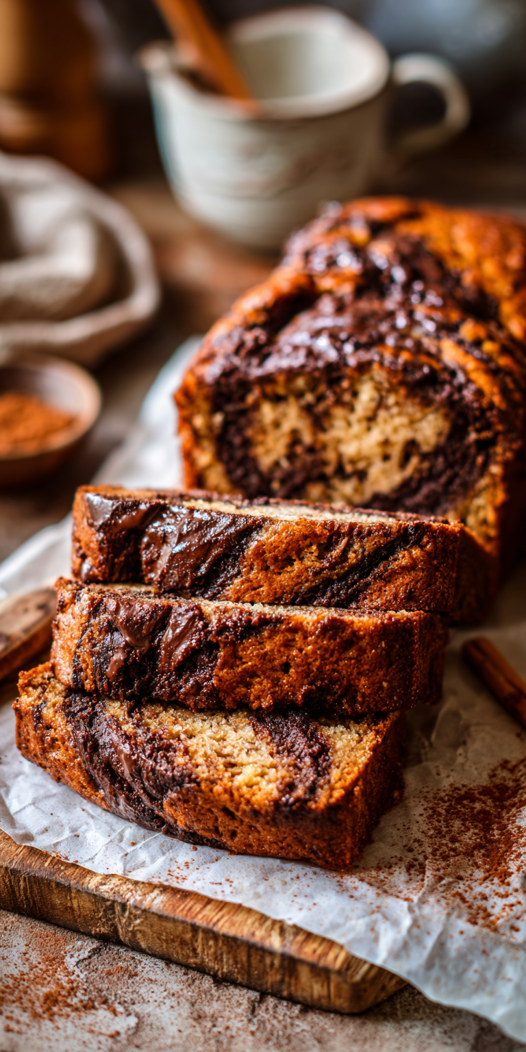 Slice of Chocolate Swirl Chai Banana Bread with cinnamon notes on a plate