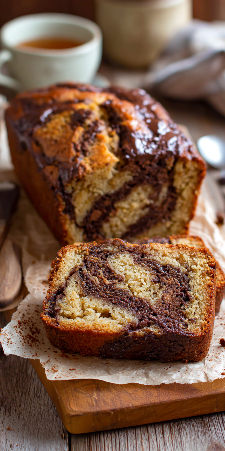 Slice of Chocolate Swirl Chai Banana Bread on a plate with a cinnamon dusting