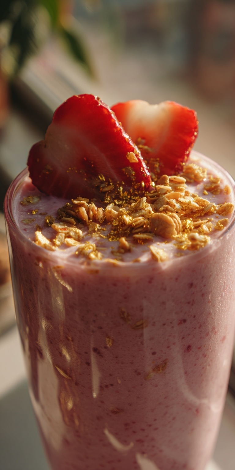 Fresh strawberries and granola ready for a Creamy Strawberry Smoothie With Granola Topping