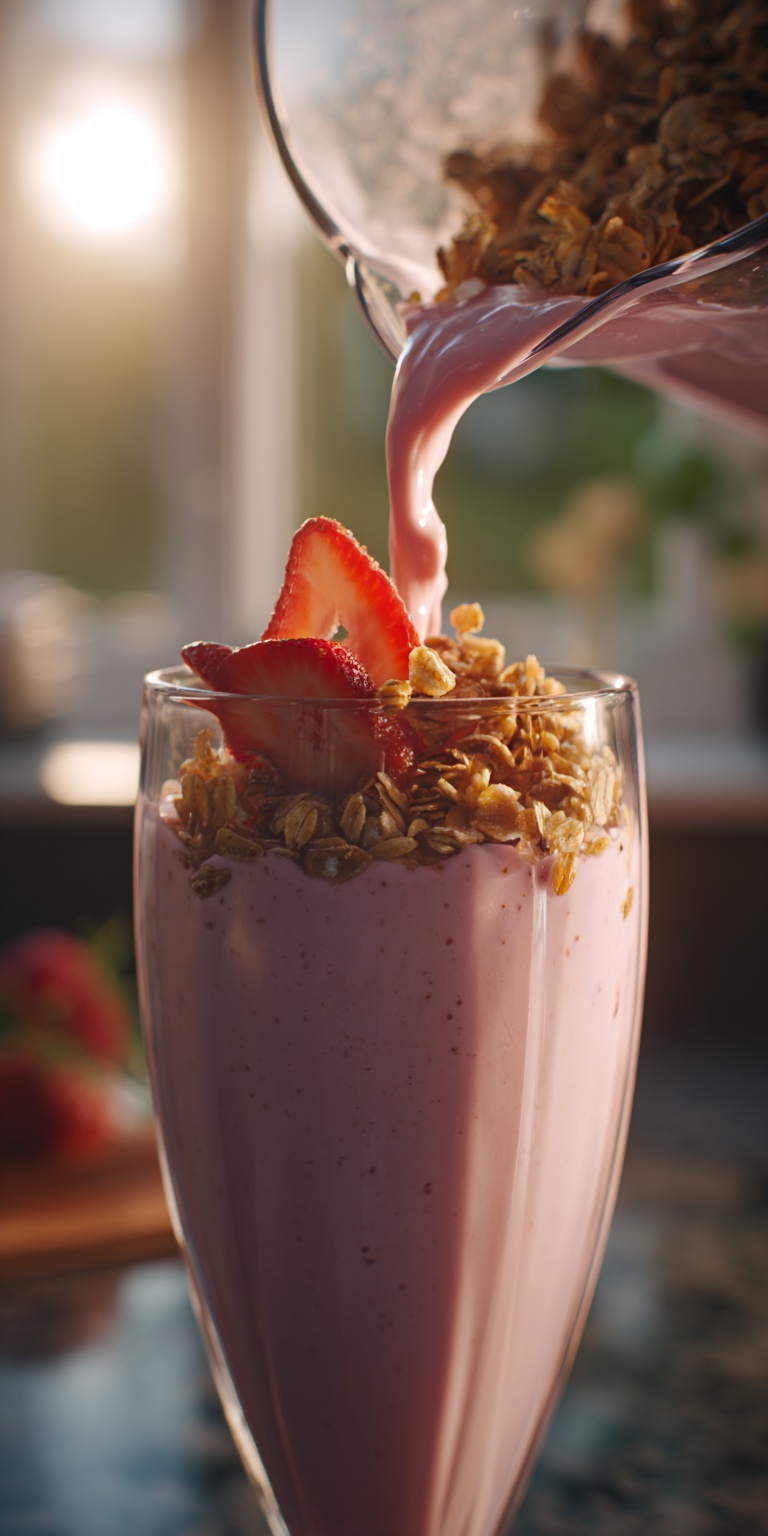 A refreshing Creamy Strawberry Smoothie with granola topping in a tall glass