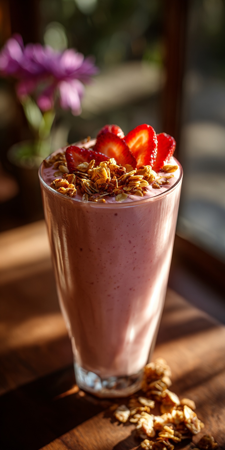 A refreshing Creamy Strawberry Smoothie with a crunchy granola topping in a glass