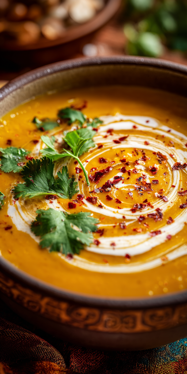 A bowl of Curried Cashew Pumpkin Bisque with a creamy texture and warm spices