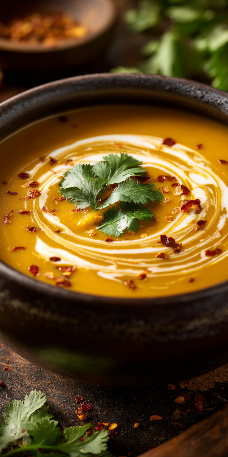 A bowl of Curried Cashew Pumpkin Bisque with a creamy texture and warm curry spices