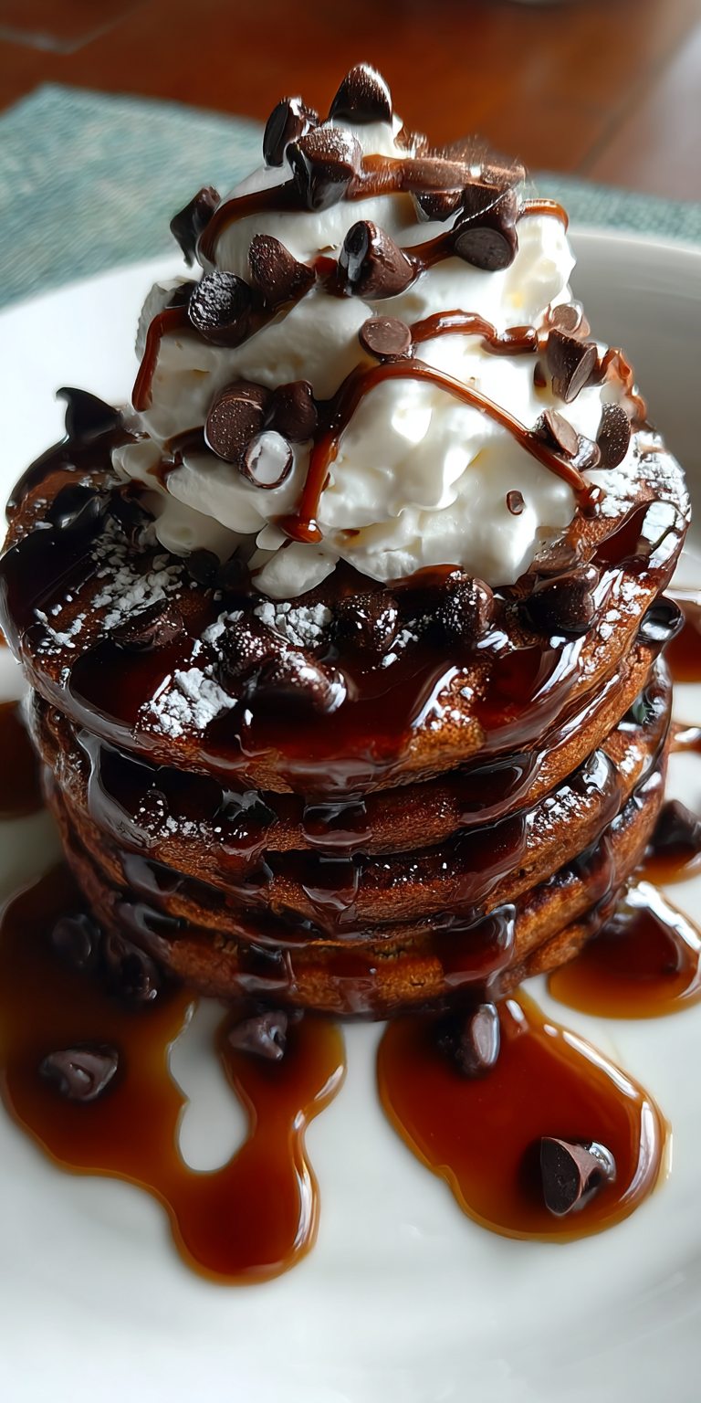 A stack of Double-Chocolate Espresso Pancakes drizzled with syrup on a plate