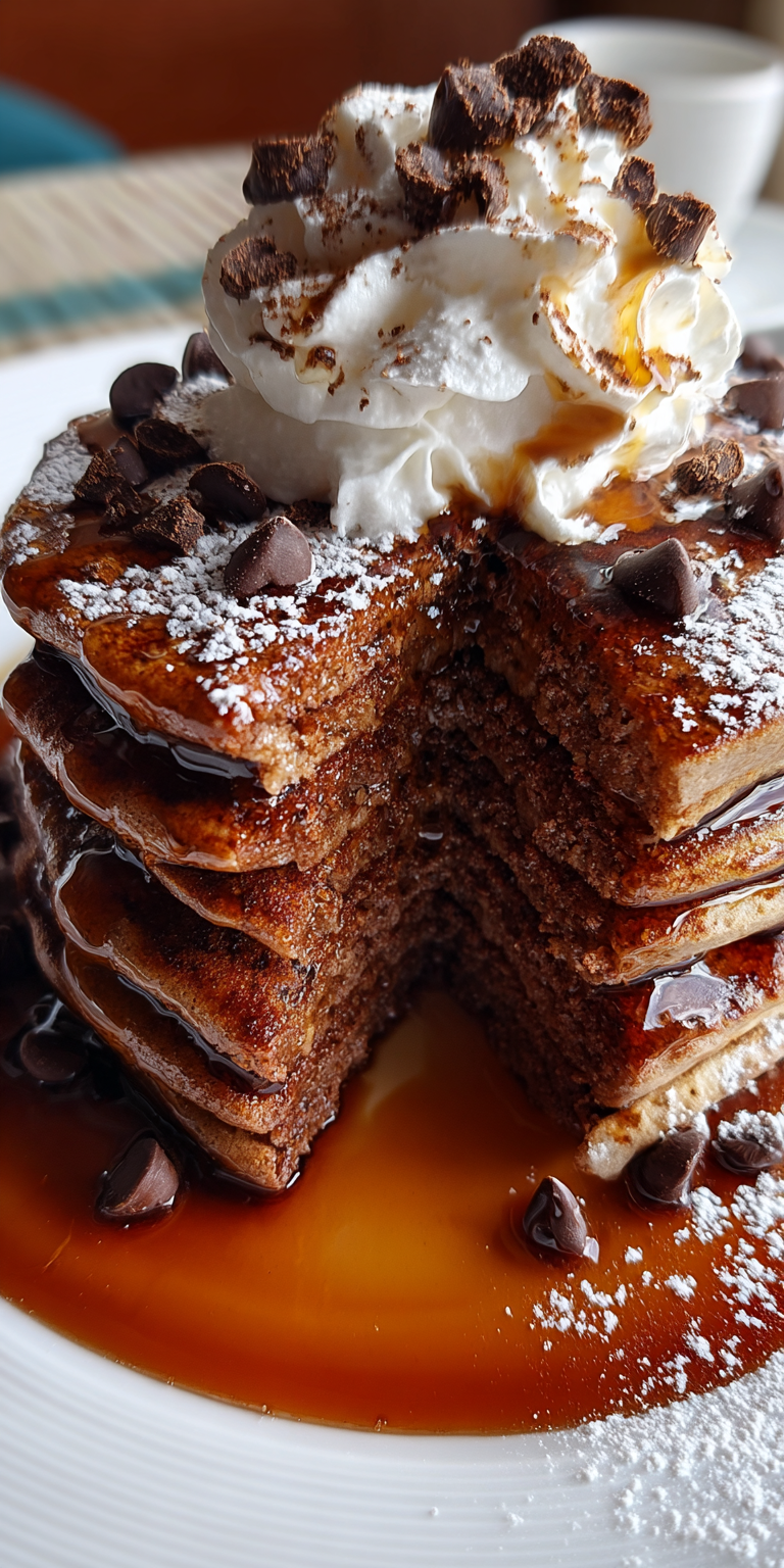 A stack of Double-Chocolate Espresso Pancakes drizzled with syrup on a plate