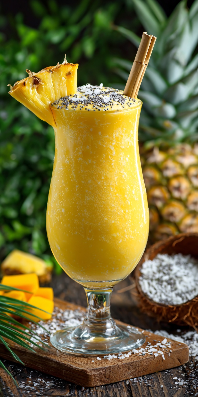 A refreshing Easy Tropical Protein Smoothie in a glass with tropical fruit accents
