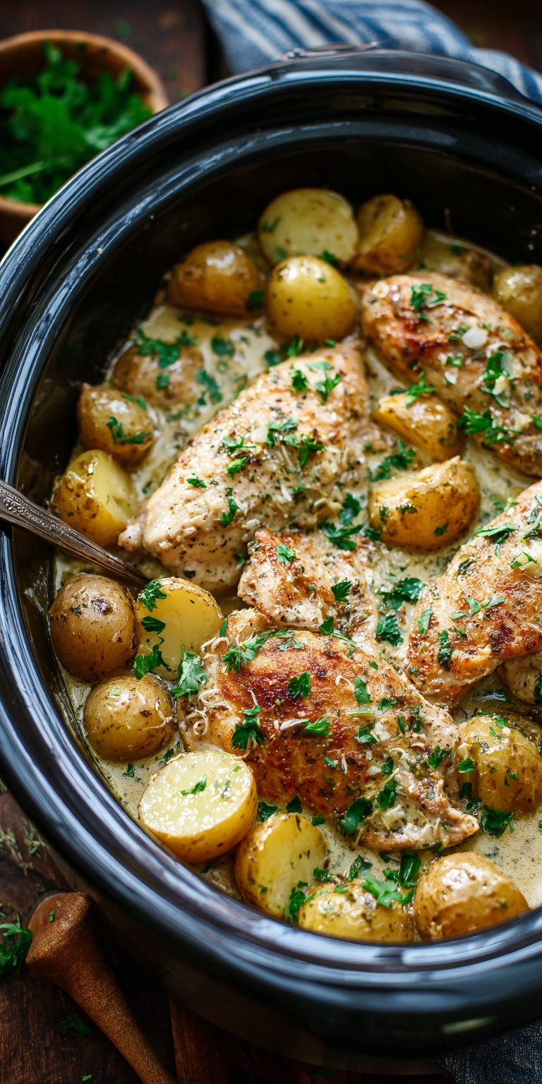 Close-up of raw chicken and potatoes with garlic and Parmesan for a crockpot meal