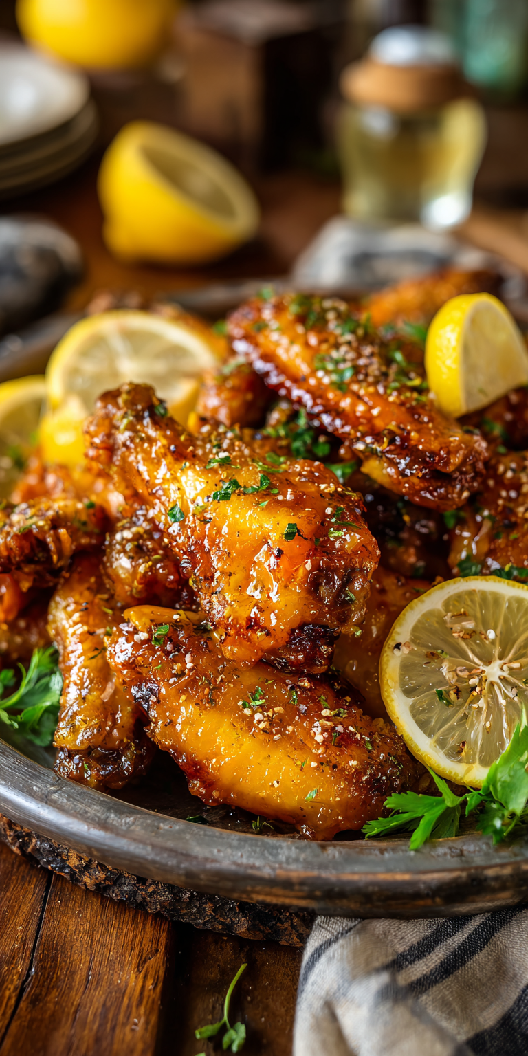 Hot Honey Lemon Pepper Wings with a fiery glaze on a plate