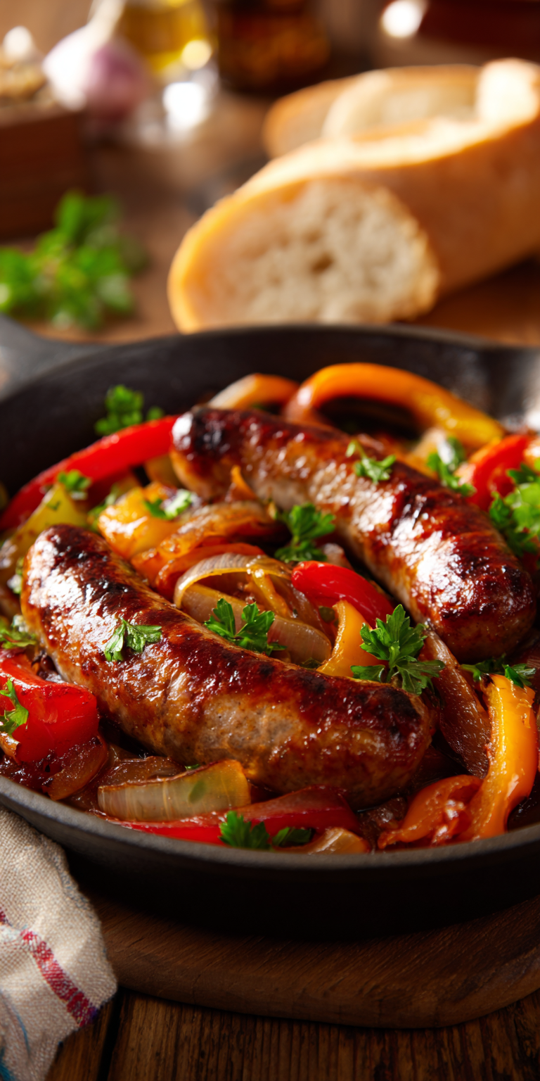 Close-up of fresh Italian Sausage With Peppers and Onions being prepared with vibrant bell peppers and onions