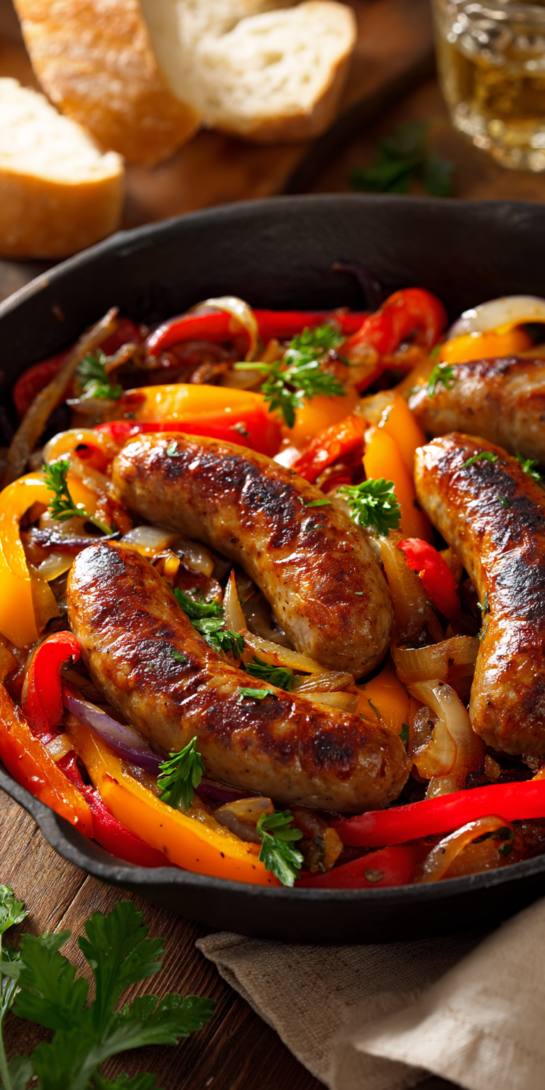 Italian Sausage With Peppers and Onions in a savory skillet