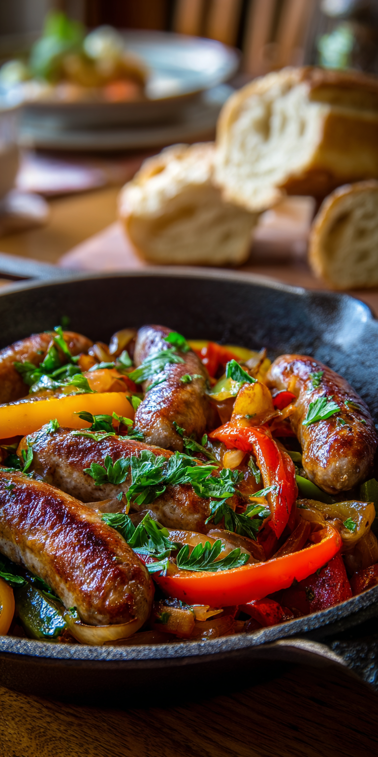 Italian Sausage with Peppers and Onions served on a rustic plate