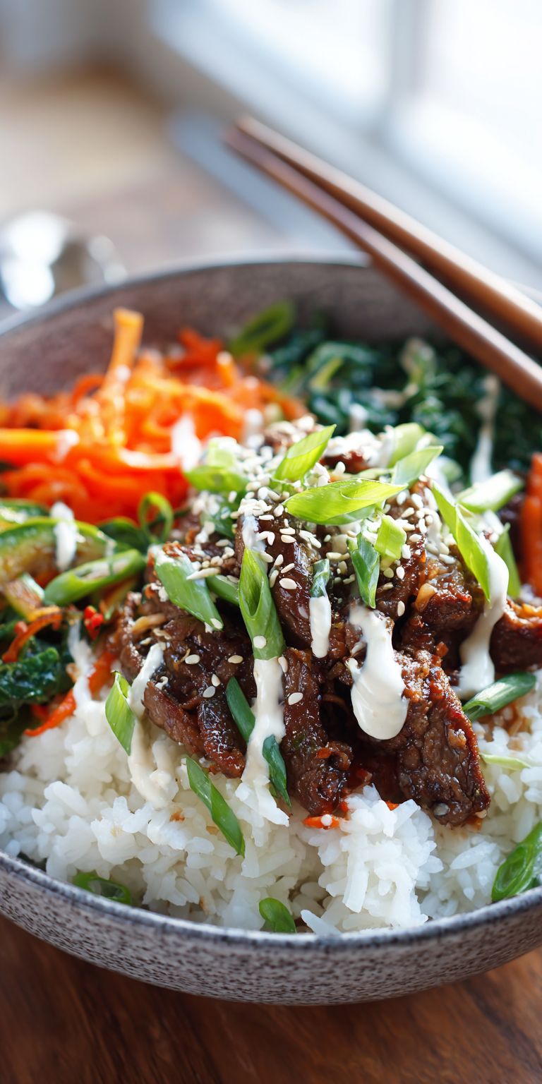Korean Beef Bulgogi Bowls with creamy Gochujang sauce served over rice with fresh veggies
