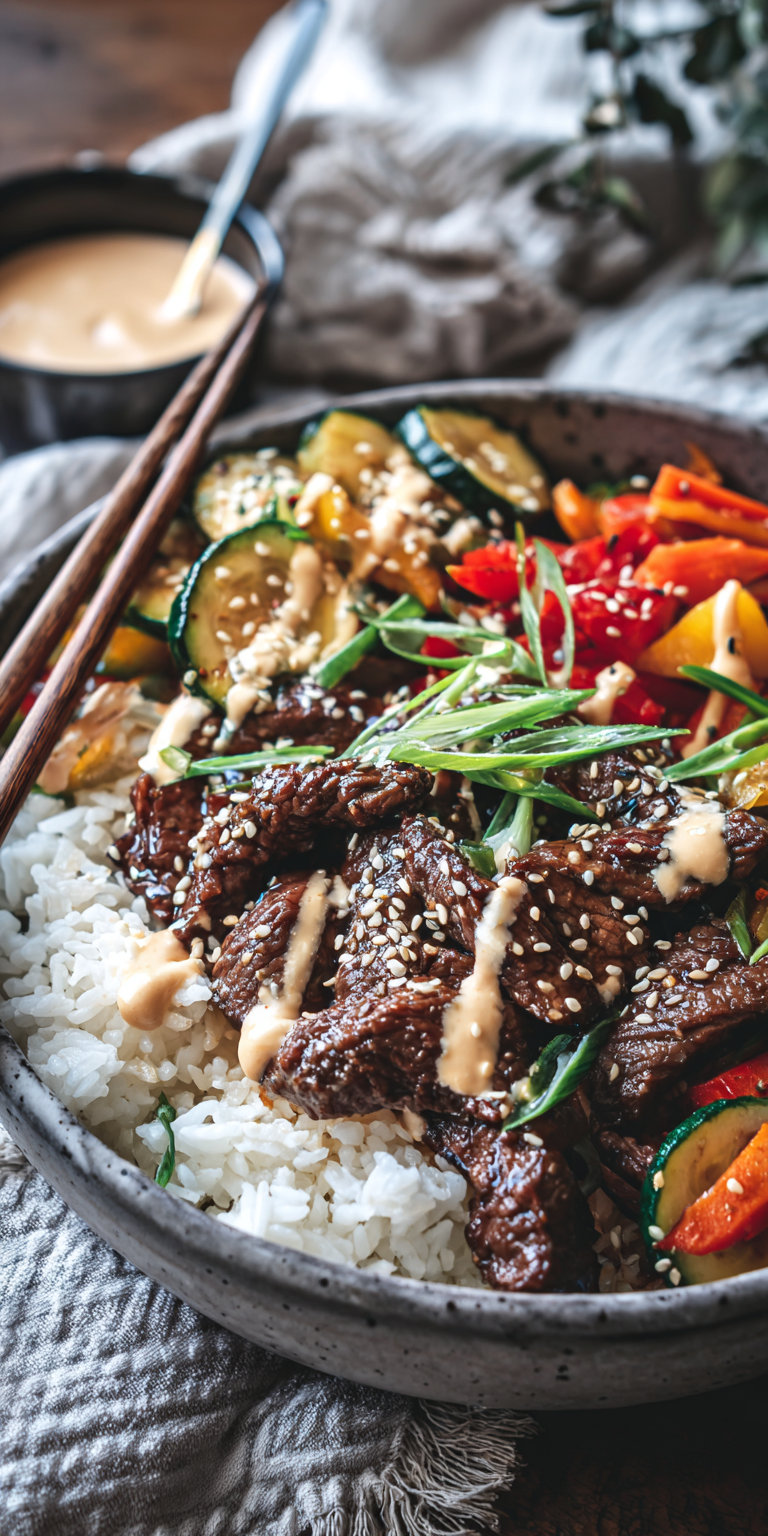 A vibrant bowl of Korean Beef Bulgogi with creamy Gochujang sauce and fresh veggies over rice