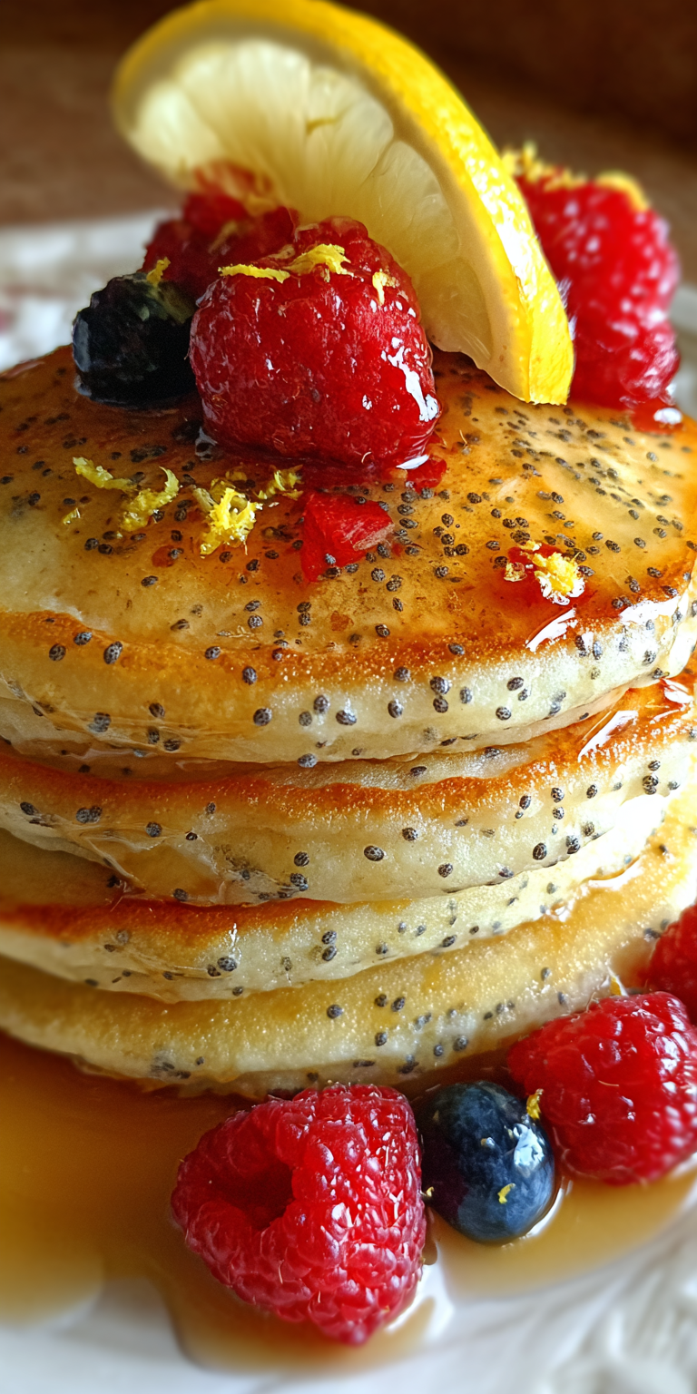 Stack of Lemon Poppyseed Sunrise Pancakes with a zesty glaze on a bright morning table