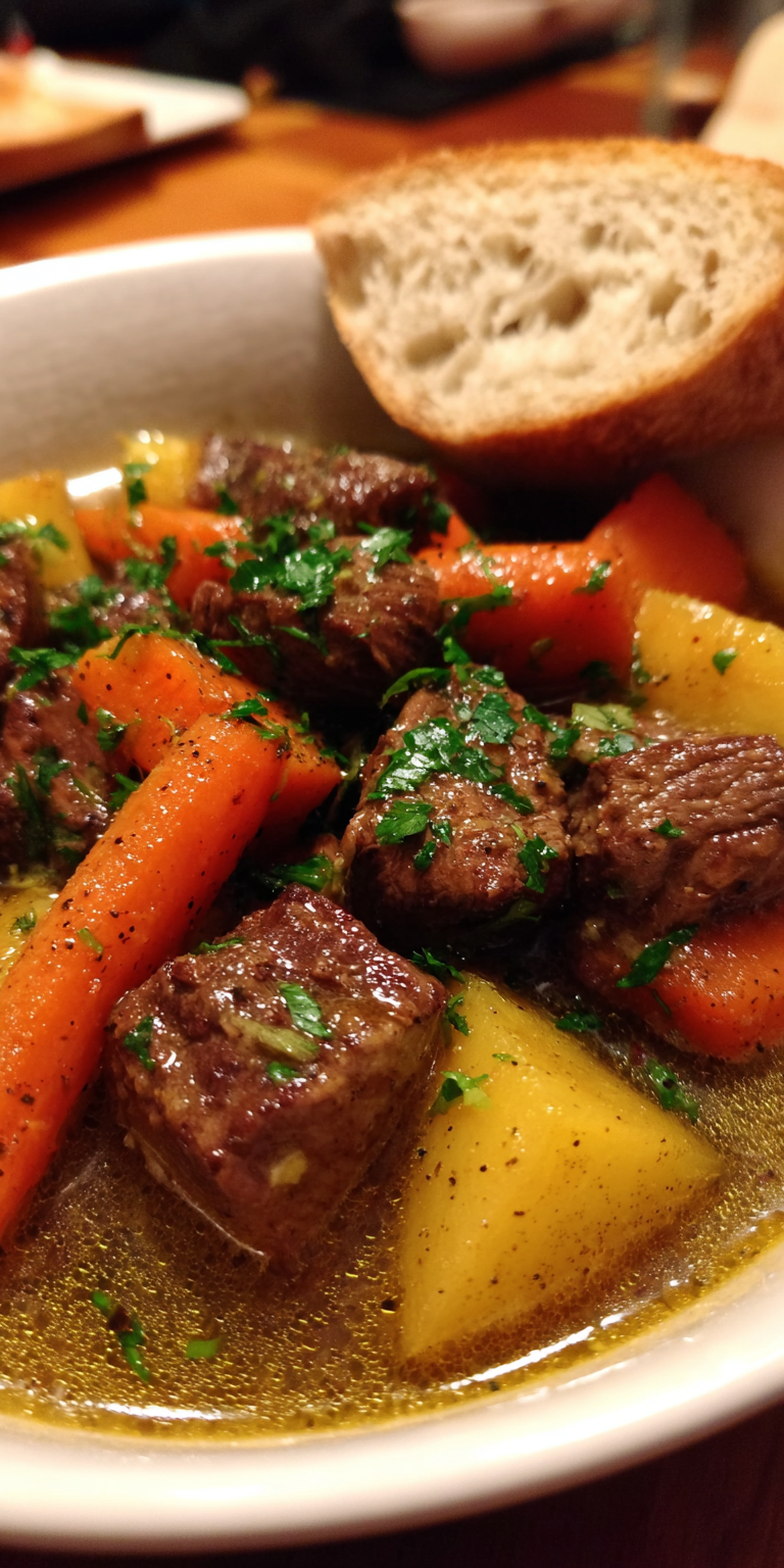 A bowl of hearty Maple-Dijon Beef Stew with tender beef and vegetables
