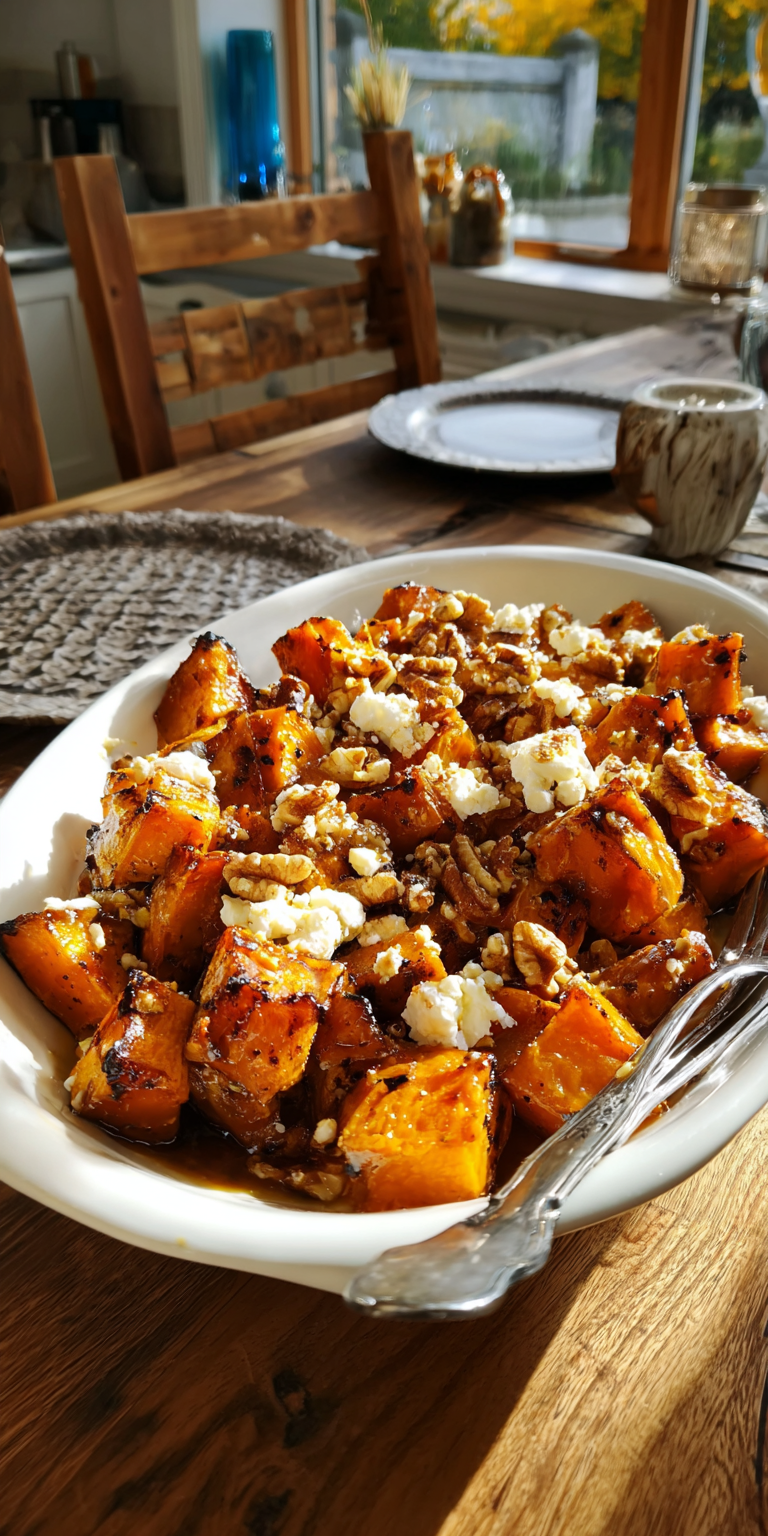 Close-up of raw sweet potatoes, pecans, and goat cheese for a maple glazed dish