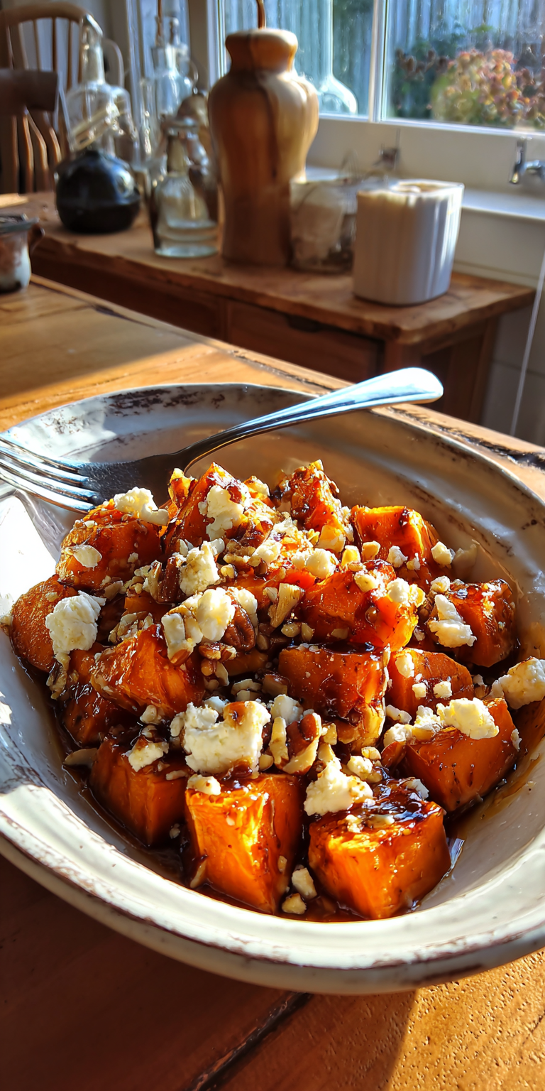 Maple glazed sweet potatoes with pecans and goat cheese on a platter