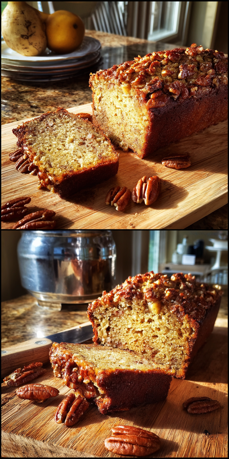 Maple Pecan Crunch Banana Bread served warm with cozy spices
