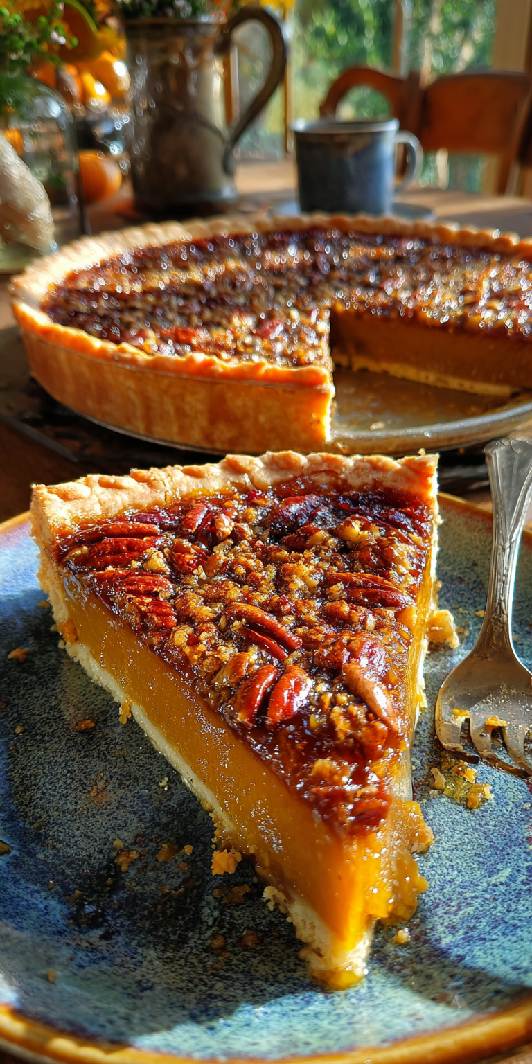 Close-up of raw components for Maple Pecan Pumpkin Brûlée Pie with pumpkin and pecans