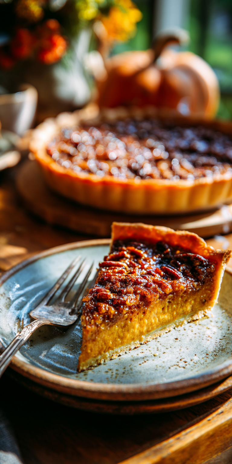 A slice of Maple Pecan Pumpkin Brûlée Pie with a caramelized top and nutty crust