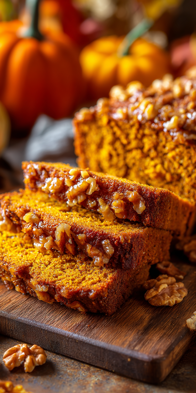 A slice of Maple Walnut Pumpkin Harvest Loaf on a rustic plate with fall decor