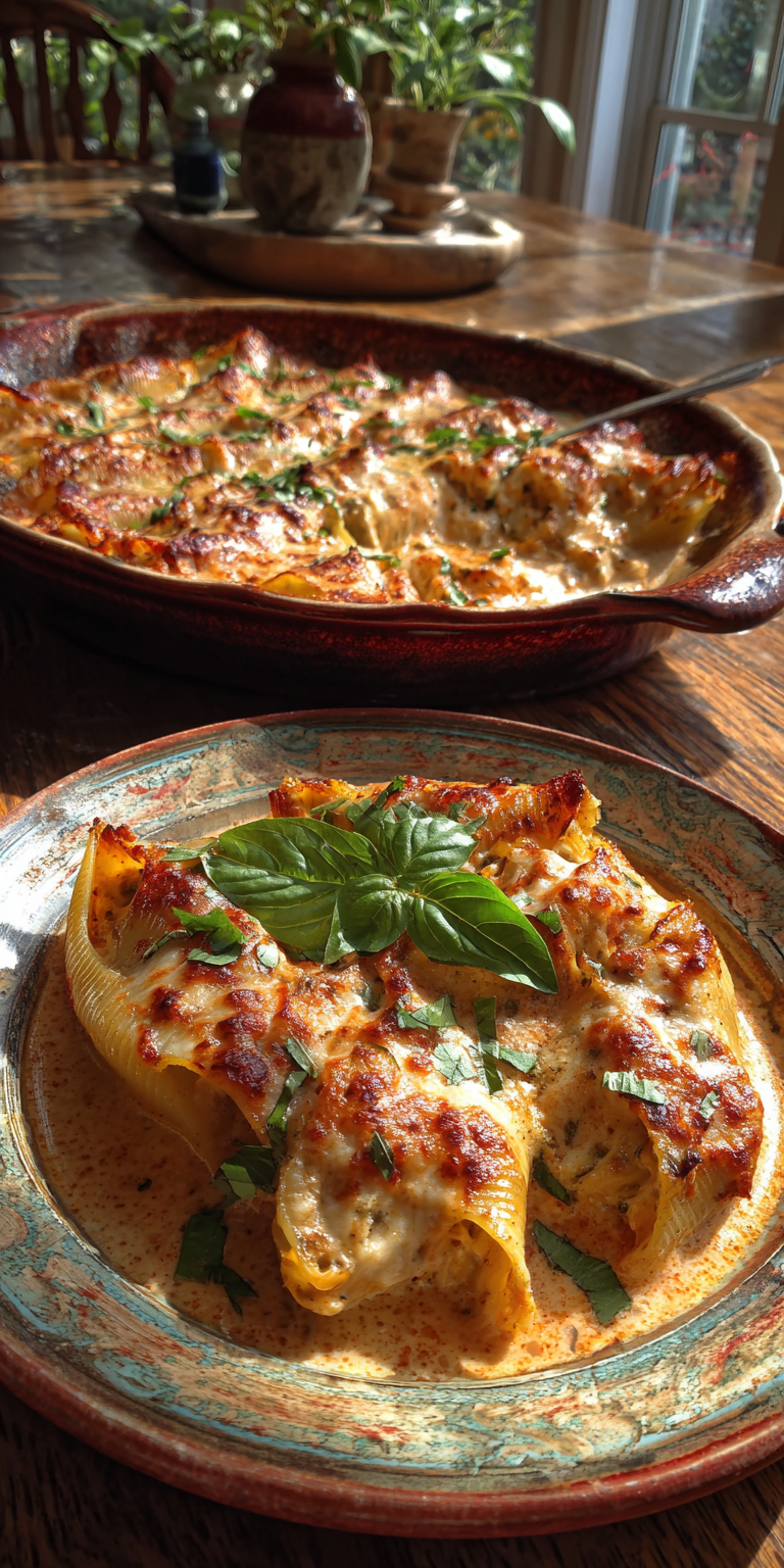 Marry Me Chicken Stuffed Shells served warm with cozy spices