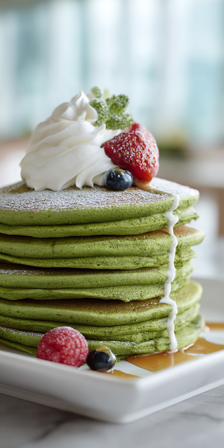 A vibrant stack of Matcha Green Tea Velvet Pancakes with a striking green hue