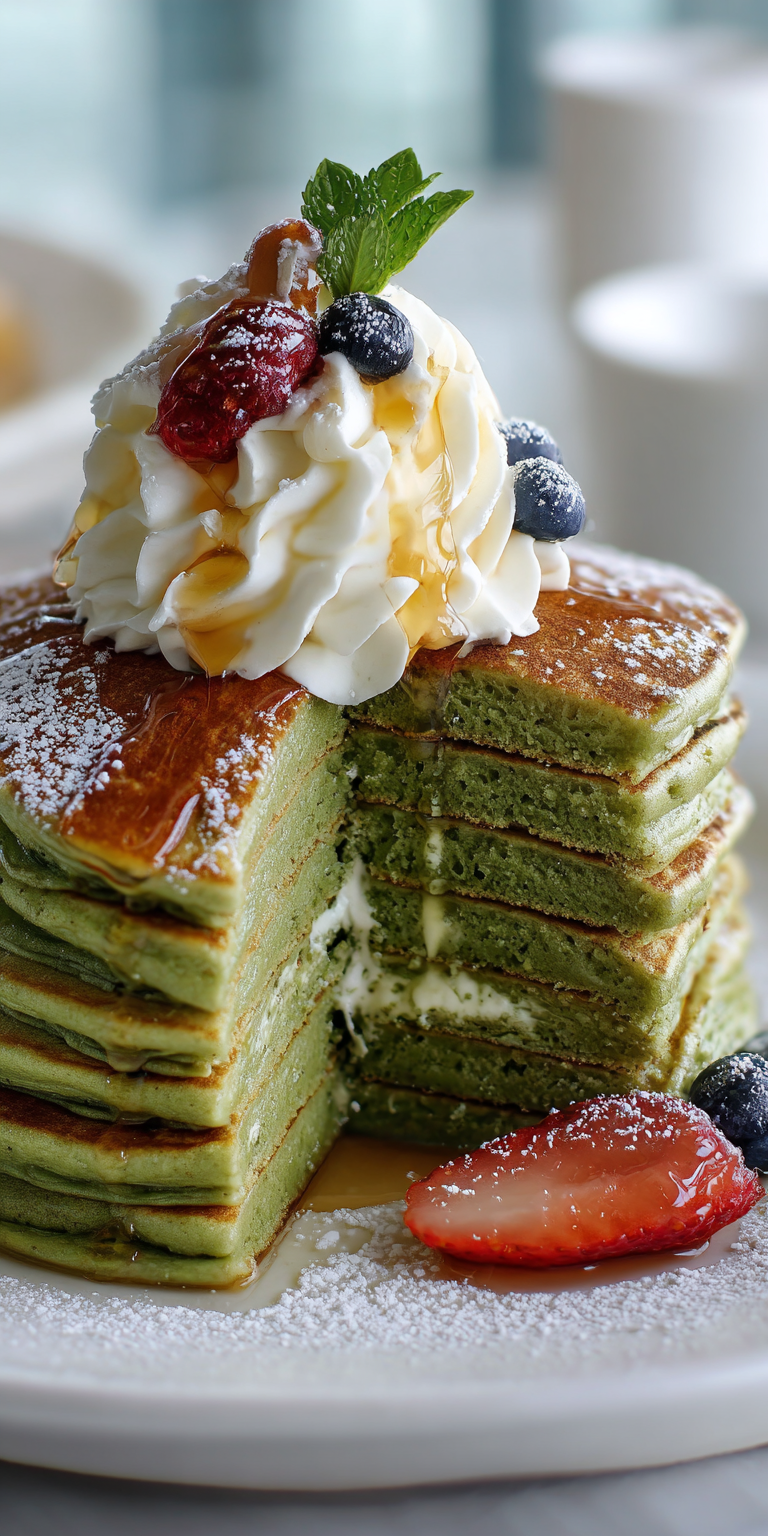Stack of Matcha Green Tea Velvet Pancakes with a vibrant green hue and fluffy texture
